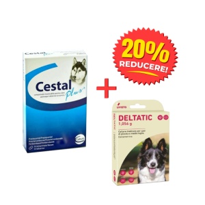 Pachet deparazitare internă și externă pentru câini, talie foarte mică – Cestal Plus 8 tab + Zgarda Deltatic 35 cm