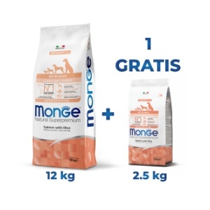 Pachet Monge hrană uscată pentru căței Puppy&Junior, somon și orez 12 kg – 1211 + 2,5kg gratis - 1204