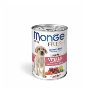 Monge Fresh hrană umedă pentru căței, vițel și legume bucăți în aspic 400 g – 4441