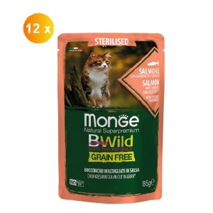 Monge BWild hrană umedă pentru pisici sterilizate adulte , somon, creveti si legume 85g x 12buc - 2782