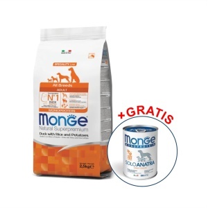 Monge hrană uscată pentru câini adulți, rață, orez și cartofi 2,5 kg – 1129