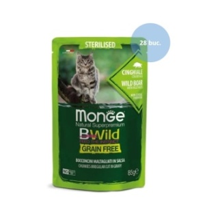 Monge BWild hrană umedă pentru pisici adulte sterilizate, mistreț și legume plic 85 g – 2805 X 28 buc