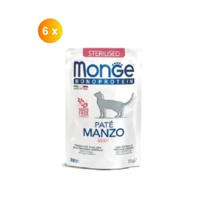 Monge hrană umedă monoproteică pentru pisici sterilizate, pate cu vită, plic 85g x 6buc – 3741