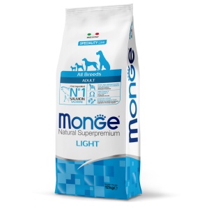Monge hrană uscată light pentru câini adulți, somon și orez 12 kg – 1235