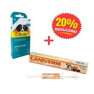 Pachet deparazitare internă și externă câini talie foarte mare – Caniverm pastă + Dixie XL