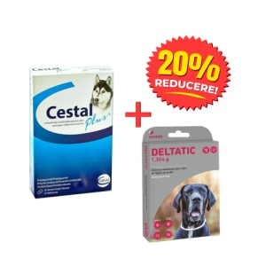 Pachet deparazitare internă și externă pentru câini, talie mare – Cestal Plus 8 tab + Zgarda Deltatic 75 cm