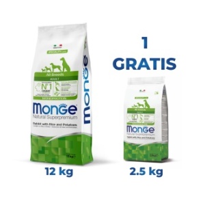 Pachet Monge hrană uscată pentru câini adulți, iepure cu orez și cartofi 12 kg ( 1150)+ 2,5kg gratis (1114)
