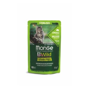 Monge BWild hrană umedă pentru pisici adulte sterilizate, mistreț și legume plic 85 g – 2805
