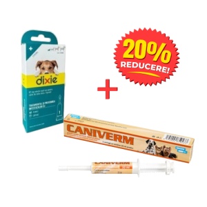 Pachet deparazitare internă și externă câini talie mica – Caniverm pastă + Dixie S