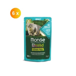 Monge BWild hrană umedă pentru pisici adulte, cod, creveți și legume plic 85 g x 6buc – 2768