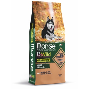 Monge BWild hrană uscată fără cereale pentru câini adulți, somon și mazăre 12 kg – 2119