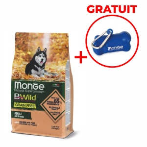 Pachet Monge BWild hrană uscată fără cereale pentru câini adulți, somon și mazăre 2,5 kg – 1716 + Dispenser pentru pungi igienice , Monge 0232