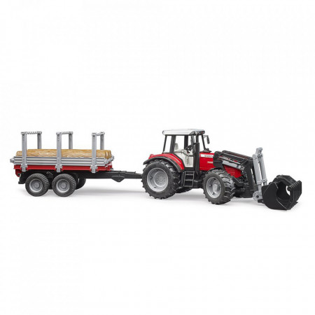 Bruder - Tractor Massey Ferguson 7480 Cu Incarcator Frontal Si Remorca Pentru Lemne - Img 3