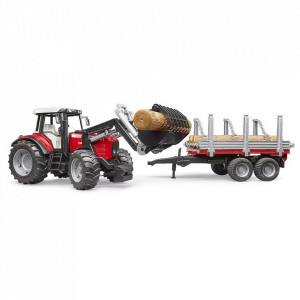 Bruder - Tractor Massey Ferguson 7480 Cu Incarcator Frontal Si Remorca Pentru Lemne - Img 2