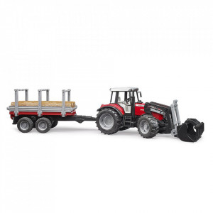 Bruder - Tractor Massey Ferguson 7480 Cu Incarcator Frontal Si Remorca Pentru Lemne - Img 3
