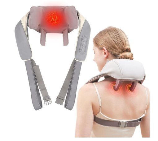 Aparat pentru Masaj Cervical, Hands-Free, Functie Incalzire, Imitarea masajului Uman, Ameliorarea durerilor din zona Gat, Umeri, Spate, Picioare, Intensitate Reglabila, Acasa/Birou/Masina, Bej/Gri