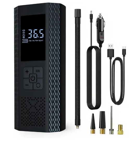 Pompa de Aer Wireless, Smartix, Portabila, 150 PSI, Pentru Anvelope si Mingi, Baterie 2000 mAh, Afisaj Digital, Incarcator telefon USB si Type-C, Lanterna SOS, Dimensiune 17.5 x 8.5 cm, Negru