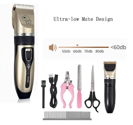 KIT Profesional ingrijire Caini, Pisici Smartix, Masina de taiat unghii, Aparat de tuns animale, Silentioasa, fara fir, Usor de folosit pentru incepatori, Lama de ceramica, 6 capete plus accesorii, Reincarcabila, Auriu
