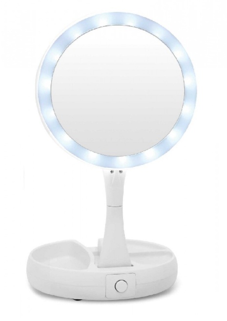 Oglinda rotunda pentru machiaj cu iluminare LED, Pliabila, 25 cm, Efect de lupa, Alb