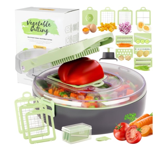 Tocator si Feliator De Legume 9 In 1, Multifunctional, Protectie Pentru Mana, Lama Din Otel Inoxidabil, cu Recipient pentru Legume, Ceapa, Oua si alte Alimente, Verde/Gri