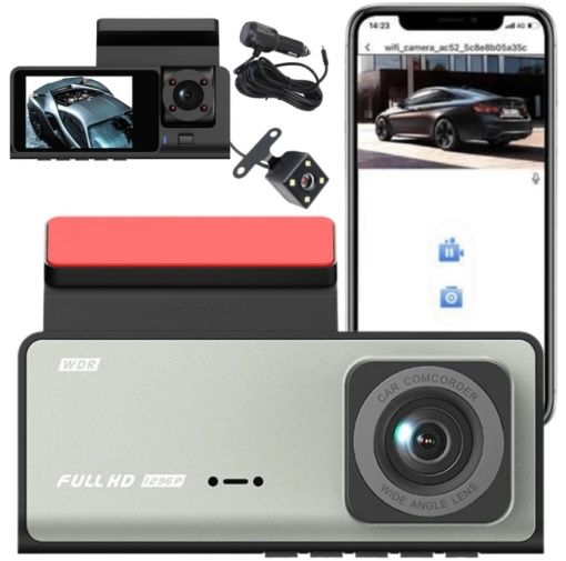 Camera de Bord Auto Tripla WiFi, Full HD, Unghi 170°, Gri