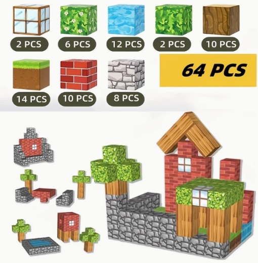 Set de 64 bucăți de blocuri de construcție magnetice, jucărie puzzle 3D DIY, decor creativ pentru casă, cadou perfect de Crăciun, kit de construcție din plastic multicolor