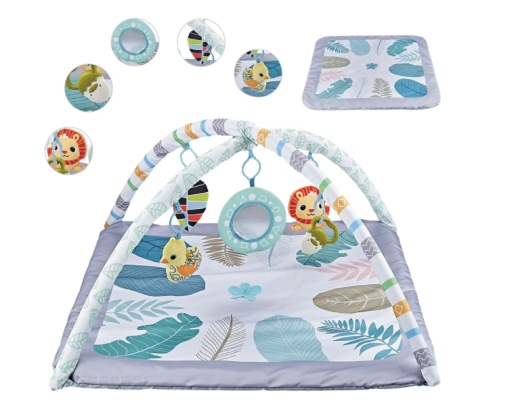 Saltea de Activitati si Spatiu de Joaca Pentru Copii 2in1 – Moale, Lavabila, Antiderapanta, cu 5 Jucarii Senzoriale si Oglinda, 88x88cm, Alb/Gri