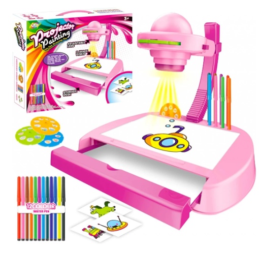 Set masuta desen, proiector, sertar, 24 imagini, 12 markere incluse, roz