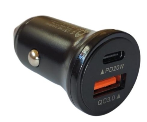 Mini incarcator auto 20W, alimentare 12-24V, 1x type C,1x USB - Negru