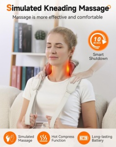 Aparat pentru Masaj Cervical, Hands-Free, Functie Incalzire, Imitarea masajului Uman, Ameliorarea durerilor din zona Gat, Umeri, Spate, Picioare, Intensitate Reglabila, Acasa/Birou/Masina, Bej/Gri - Img 2