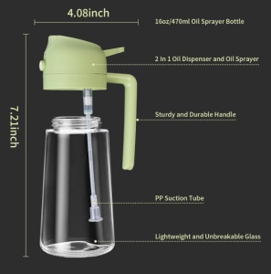 Pulverizator pentru Ulei sau alte lichide 2 in 1, Multifunctional, Control precis al uleiului, Capacitatea 470 ml, Material Sticla si PVC, Verde Pal - Img 6