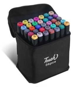 Set 36 markere tip carioci cu 2 capete si geanta depozitare, Multicolor