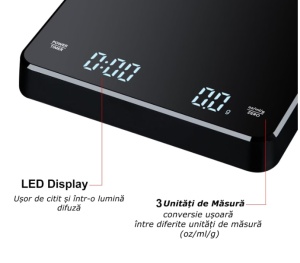Cantar de Bucatarie pentru Cafea si alte alimente , cu Timer, 0.1g~3Kg, Display LCD, incarcare USB Type-C, Negru - Img 2