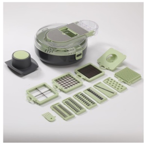 Tocator si Feliator De Legume 9 In 1, Multifunctional, Protectie Pentru Mana, Lama Din Otel Inoxidabil, cu Recipient pentru Legume, Ceapa, Oua si alte Alimente, Verde/Gri - Img 2