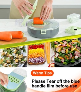 Tocator si Feliator De Legume 9 In 1, Multifunctional, Protectie Pentru Mana, Lama Din Otel Inoxidabil, cu Recipient pentru Legume, Ceapa, Oua si alte Alimente, Verde/Gri - Img 3