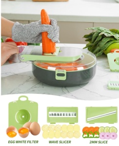 Tocator si Feliator De Legume 9 In 1, Multifunctional, Protectie Pentru Mana, Lama Din Otel Inoxidabil, cu Recipient pentru Legume, Ceapa, Oua si alte Alimente, Verde/Gri - Img 4
