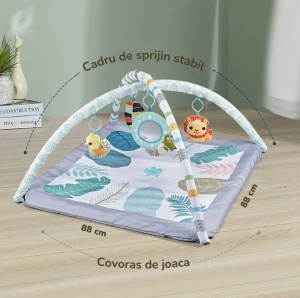 Saltea de Activitati si Spatiu de Joaca Pentru Copii 2in1 – Moale, Lavabila, Antiderapanta, cu 5 Jucarii Senzoriale si Oglinda, 88x88cm, Alb/Gri - Img 3
