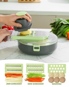 Tocator si Feliator De Legume 9 In 1, Multifunctional, Protectie Pentru Mana, Lama Din Otel Inoxidabil, cu Recipient pentru Legume, Ceapa, Oua si alte Alimente, Verde/Gri - Img 5