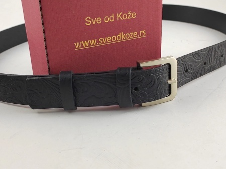 Crni elegantni ženski kožni kaiš sa reljefnim ornamentom - Img 2
