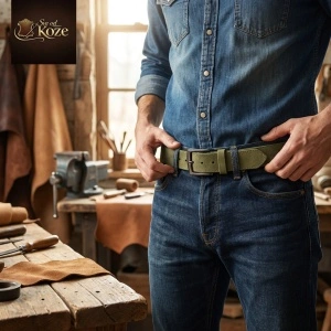 Zeleni muški kaiš od prevrnute kože za farmerice i pantalone