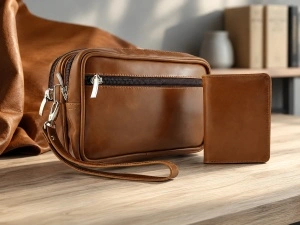 Muški kožni set – Ručna torba Superior i minimalistički novčanik svetlo braon