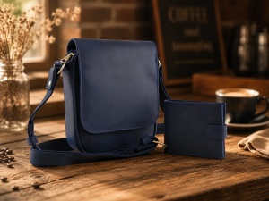 Muški kožni set – Torba Leather Jeans plava i novčanik KING džins brušeni