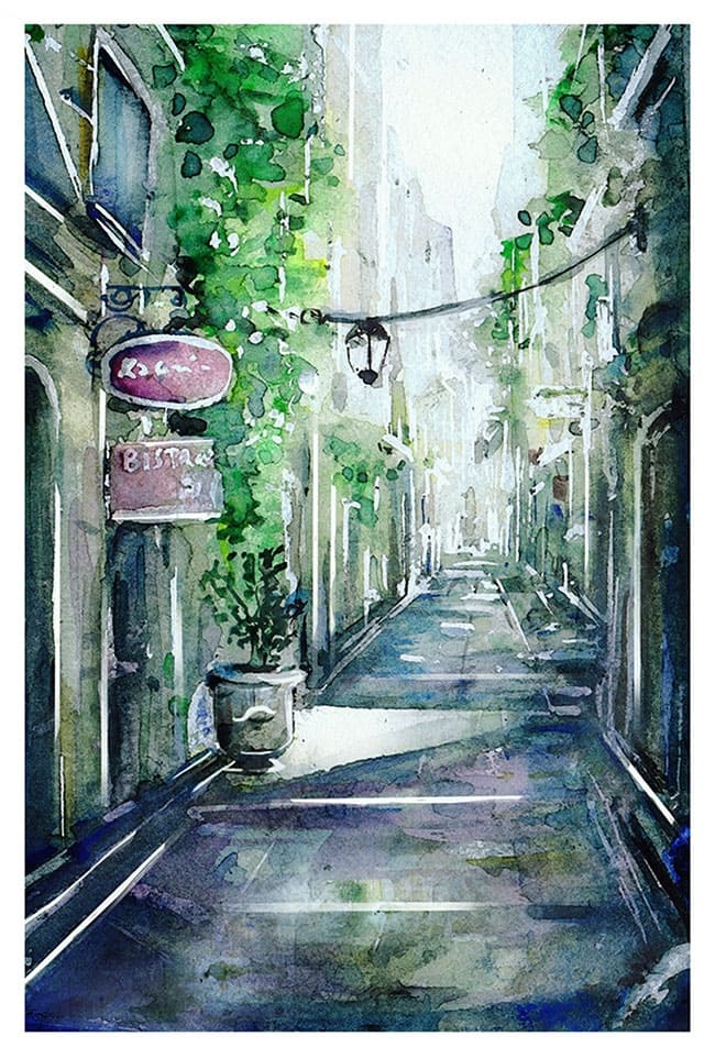 pictura in acuarela strada in Europa