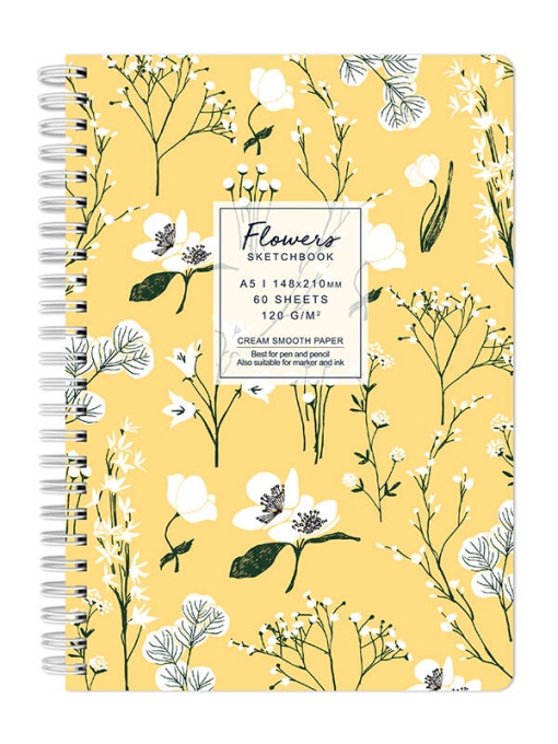 Sketchbook cu spira Flowers galben 120g/mp, 60 file Drasca