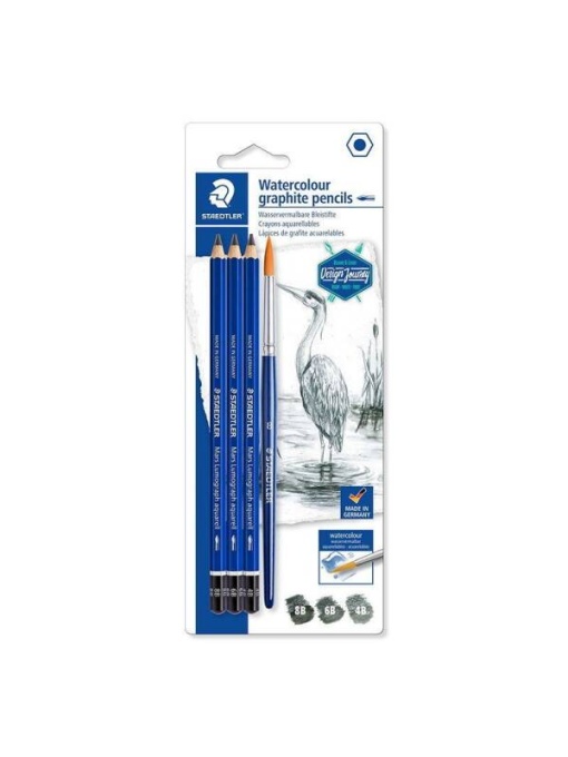 Set 3 creioane grafit acuarelabil + pensula Mars Lumograph 100A SBK4 Staedtler