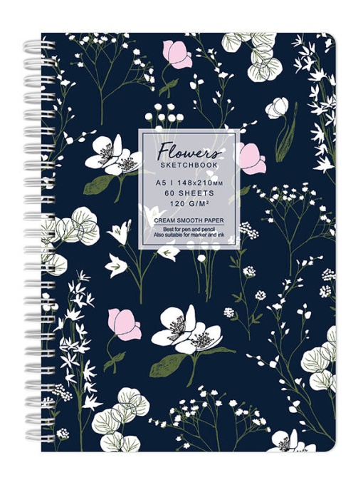 Sketchbook cu spira Flowers negru 120g/mp, 60 file Drasca