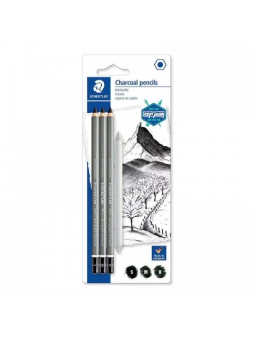 Set 3 creioane cu carbune + estompa Mars Lumograph 100C SBK4 Staedtler