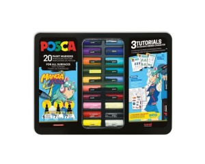 Set 20 markere cu vopsea pe baza de apa si 3 tipuri de varf, Manga Hero, cutie metalica, UNI POSCA