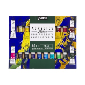 Set 40 x 20 ml culori acrilice + pensula, cu vascozitate ridicata si finisaj mat-satinat, Pebeo Studio Acrylics, 833446