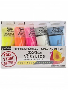 Set 5 culori acrilice fluorescente si fosforescente Studio Pebeo, 100 ml, cod 831602